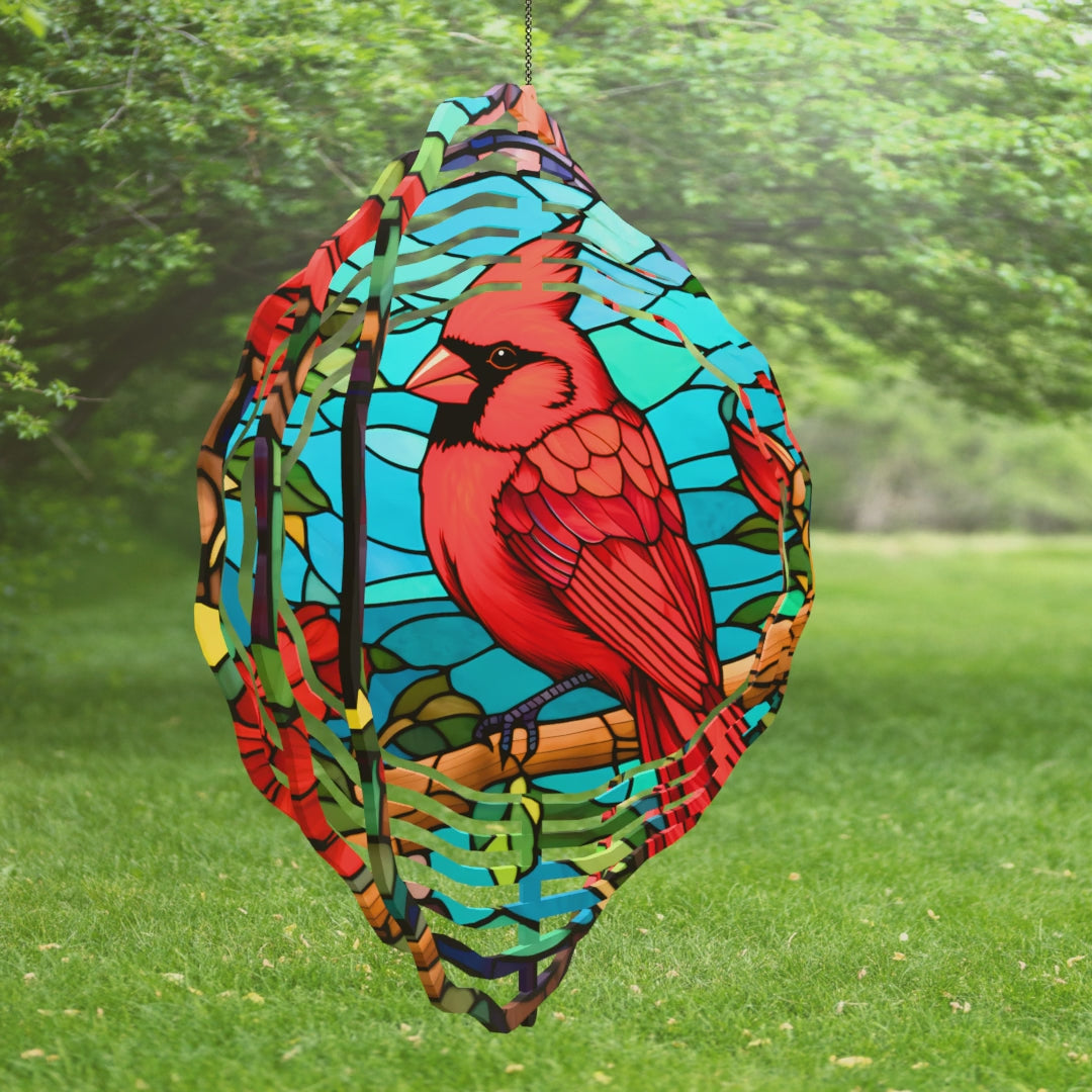 Cardinal on Branch Faux Stained Glass Spinner - Red Cardinal with Blue Sky and Red Roses