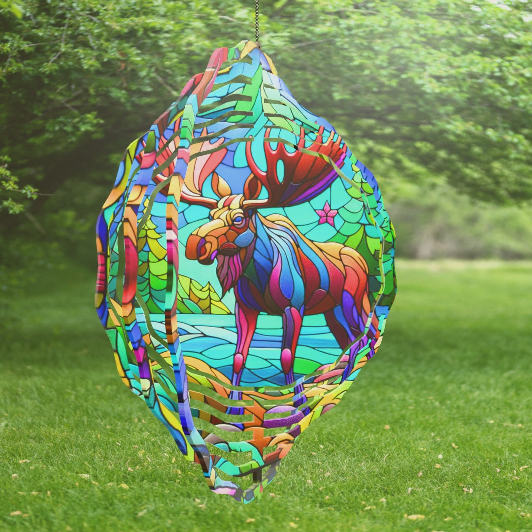 Handmade Moose Pine Trees Faux Stained Glass Spinner - Nature Inspired Art