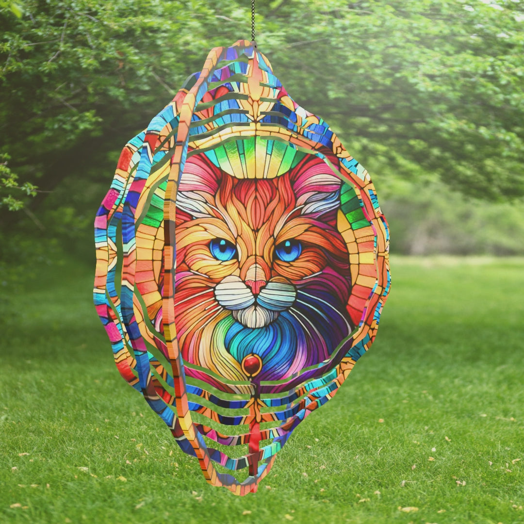 Colorful Faux Stained Glass Wind Spinner with Cat Image