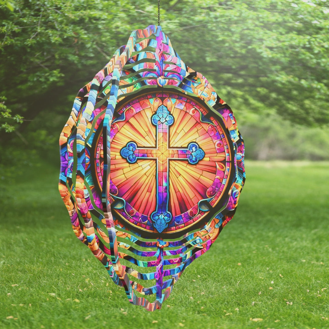 Handcrafted Faux Glass Wind Spinner with Stunning Cross Image