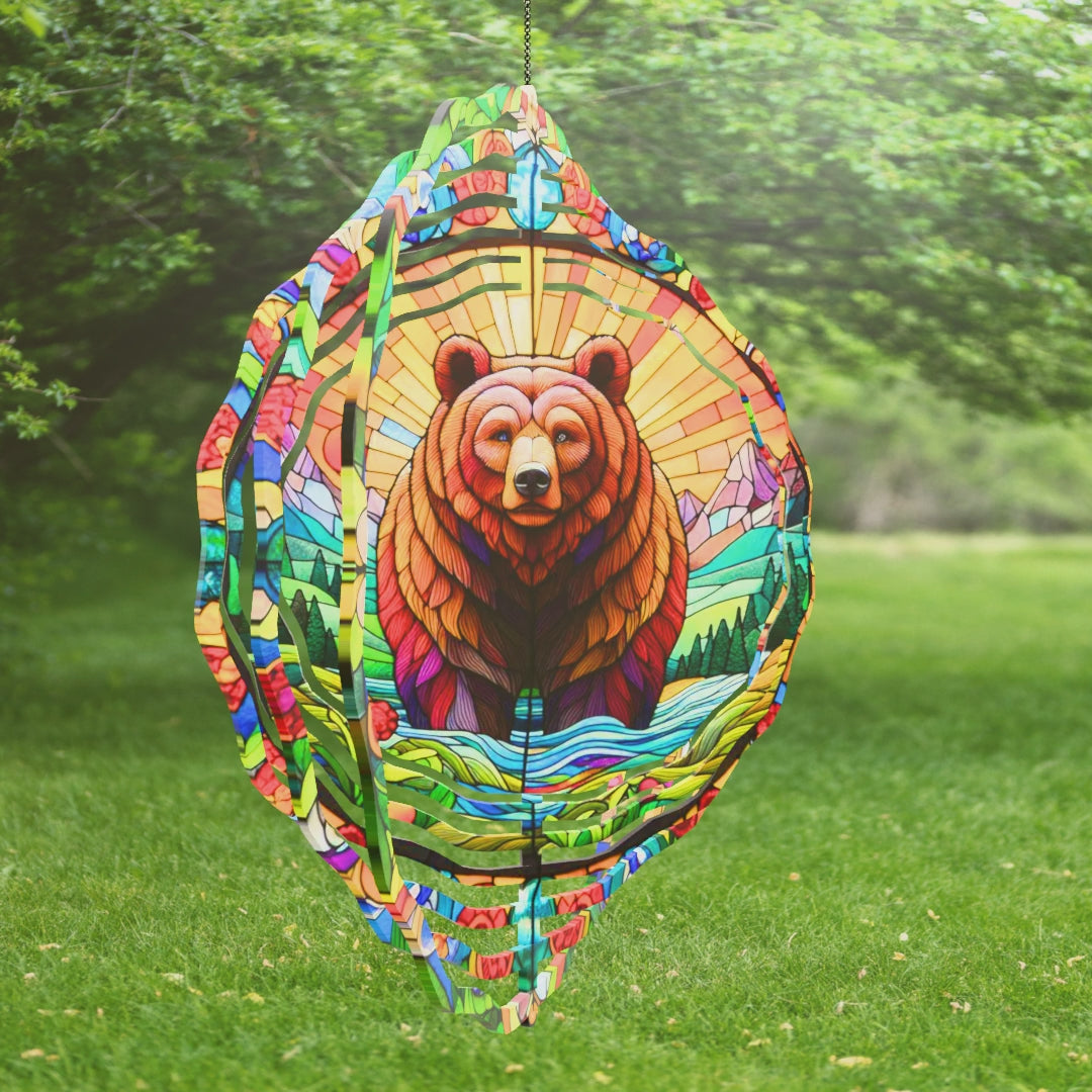 Vibrant Mountain Landscape Wind Spinner with Bear Motif