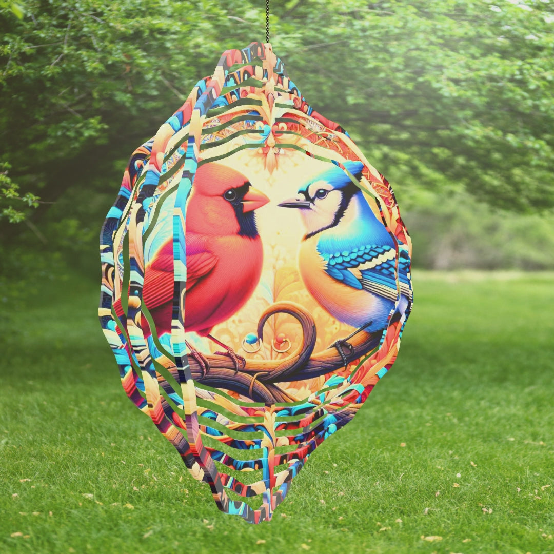 Unique 3D Wind Spinner featuring Cardinal and Blue Jay Perched on Branch