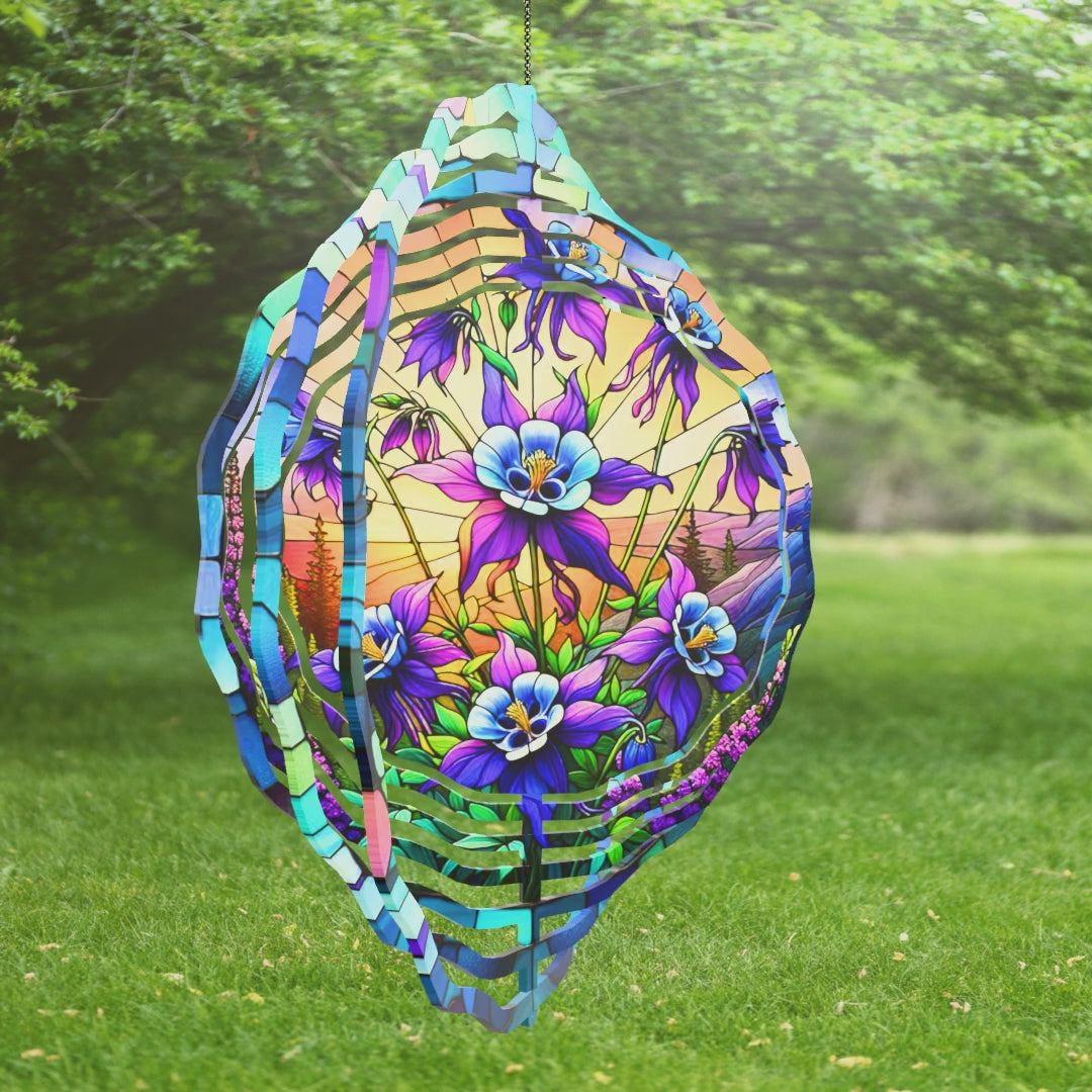 Purple Columbine Garden Art - 3D Wind Spinner with Faux Stained Glass Effect