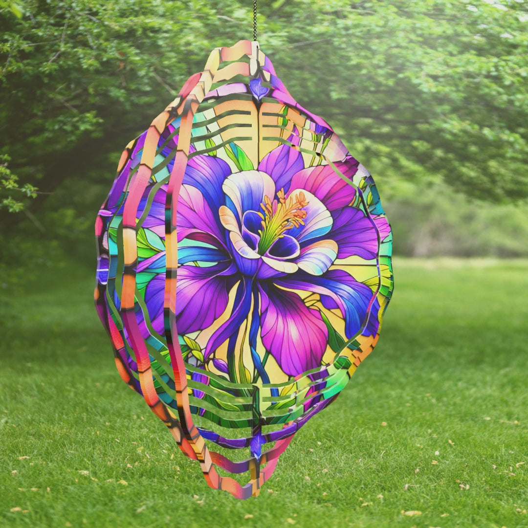 Handcrafted Purple Columbine Flower Faux Stained Glass Wind Spinner
