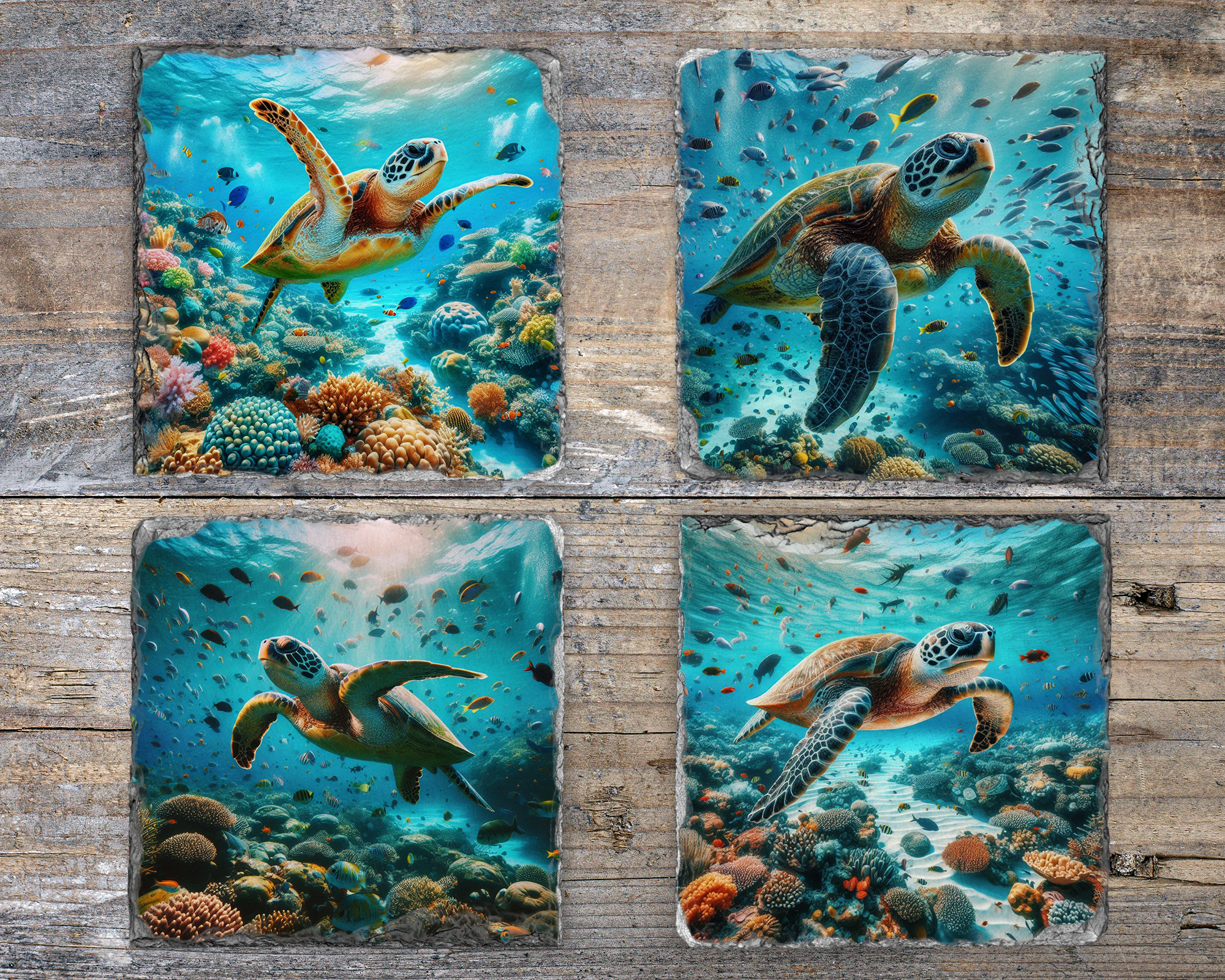 Ocean Theme Slate Coasters Set with Sea Turtle - Set of 4 Coasters