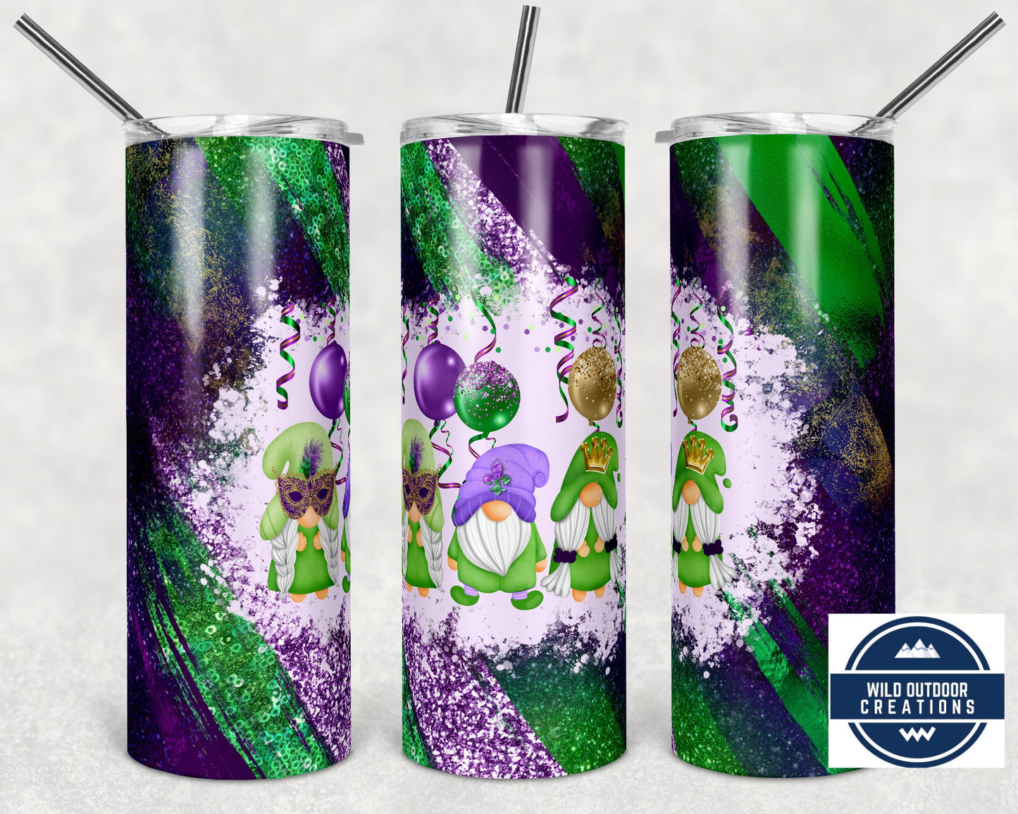 Mardi Gras Gnome 20 oz Tumbler, 20 oz Skinny Tumbler, To go cup with lid, Travel Coffee Mug, Iced Coffee Tumbler - Wild Outdoor Creations 