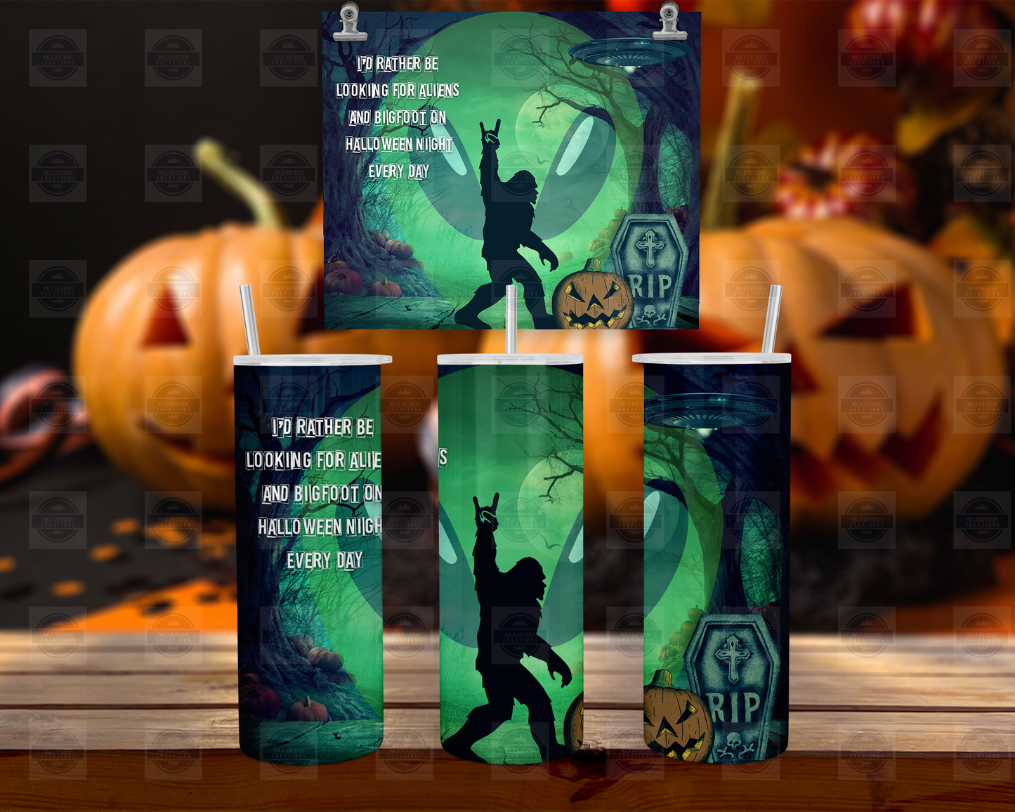 Bigfoot Alien 20oz Skinny Tumbler with Straw and Lid, Halloween Tumbler Cup