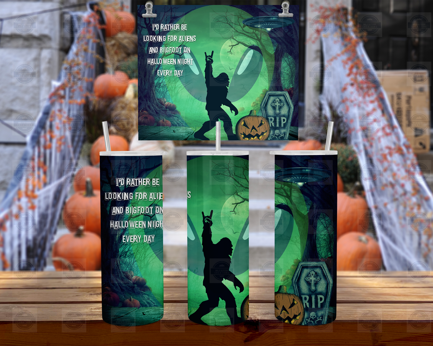 Bigfoot Alien 20oz Skinny Tumbler with Straw and Lid, Halloween Tumbler Cup