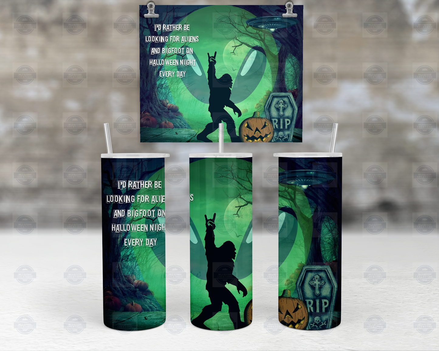 Bigfoot Alien 20oz Skinny Tumbler with Straw and Lid, Halloween Tumbler Cup