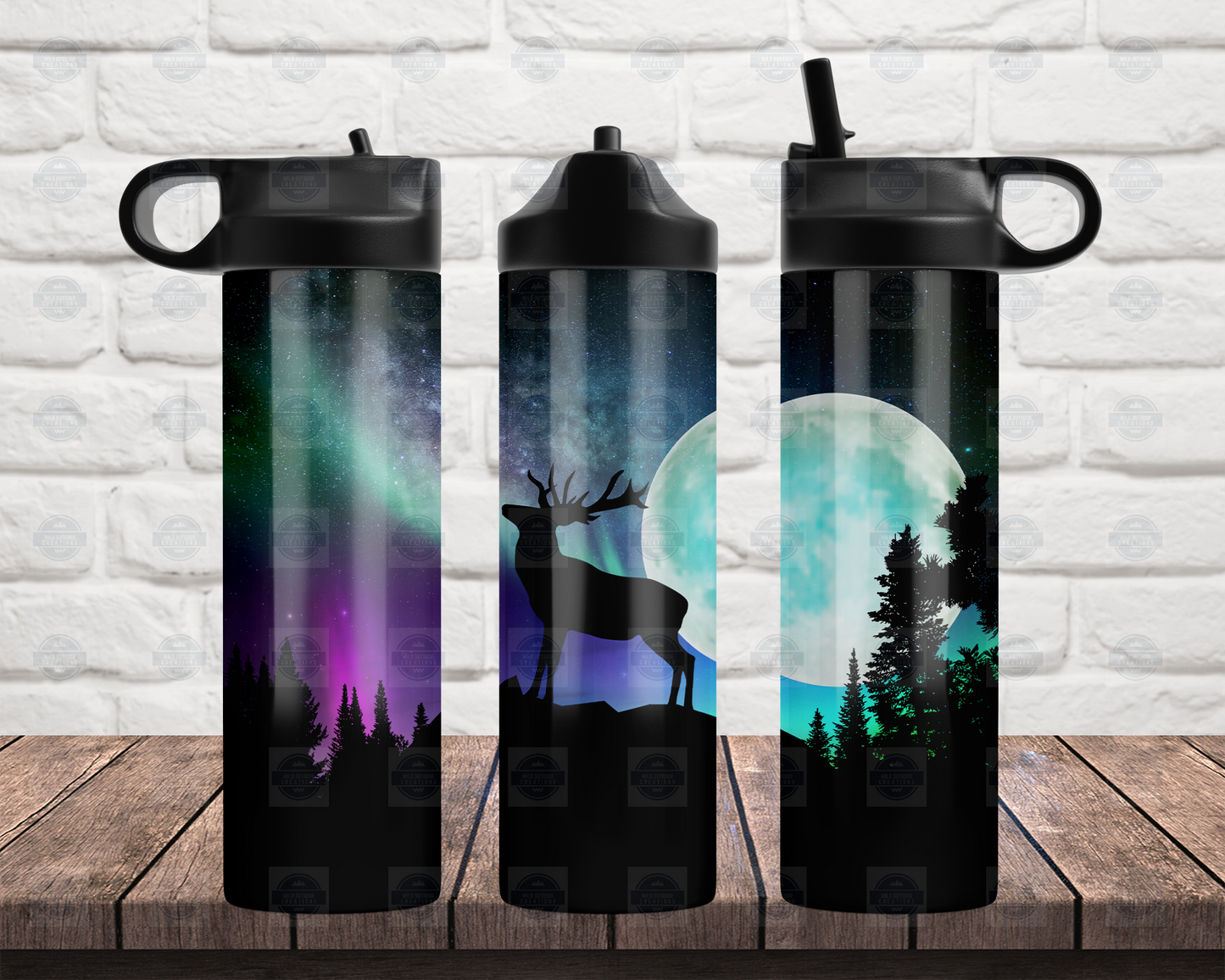 20oz Flip Top Water Bottle with Deer Northern Lights Design