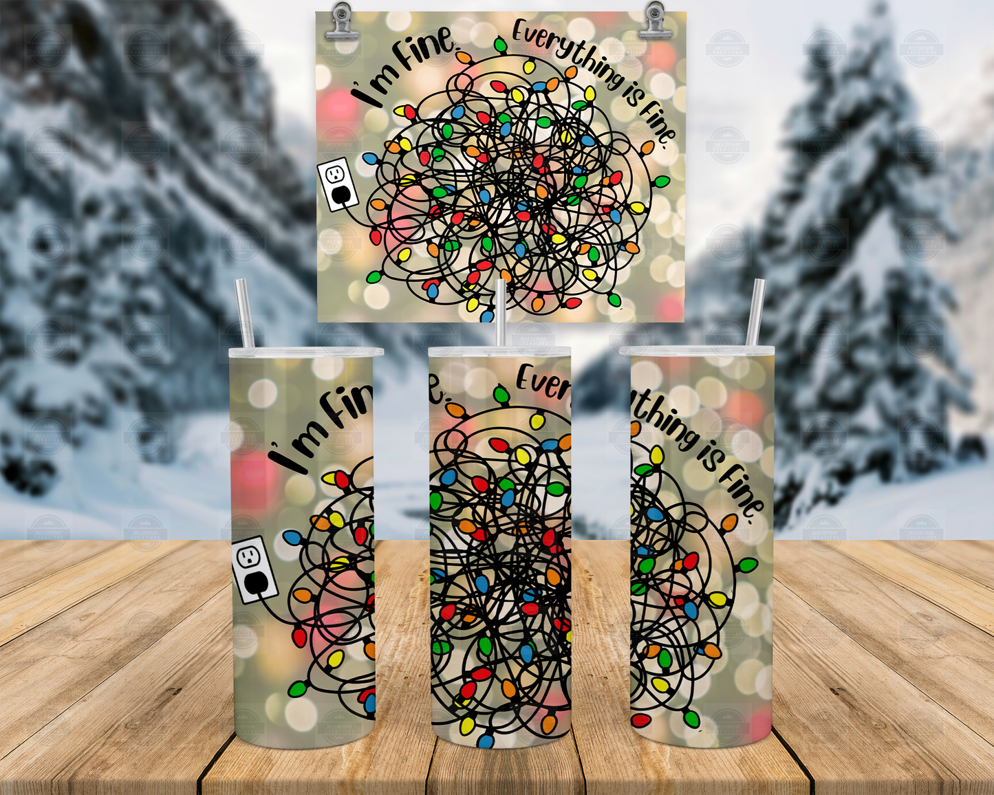 I'm Fine It's Fine Holiday Lights 20oz Christmas Tumbler with Straw and Lid, Travel Coffee Mug