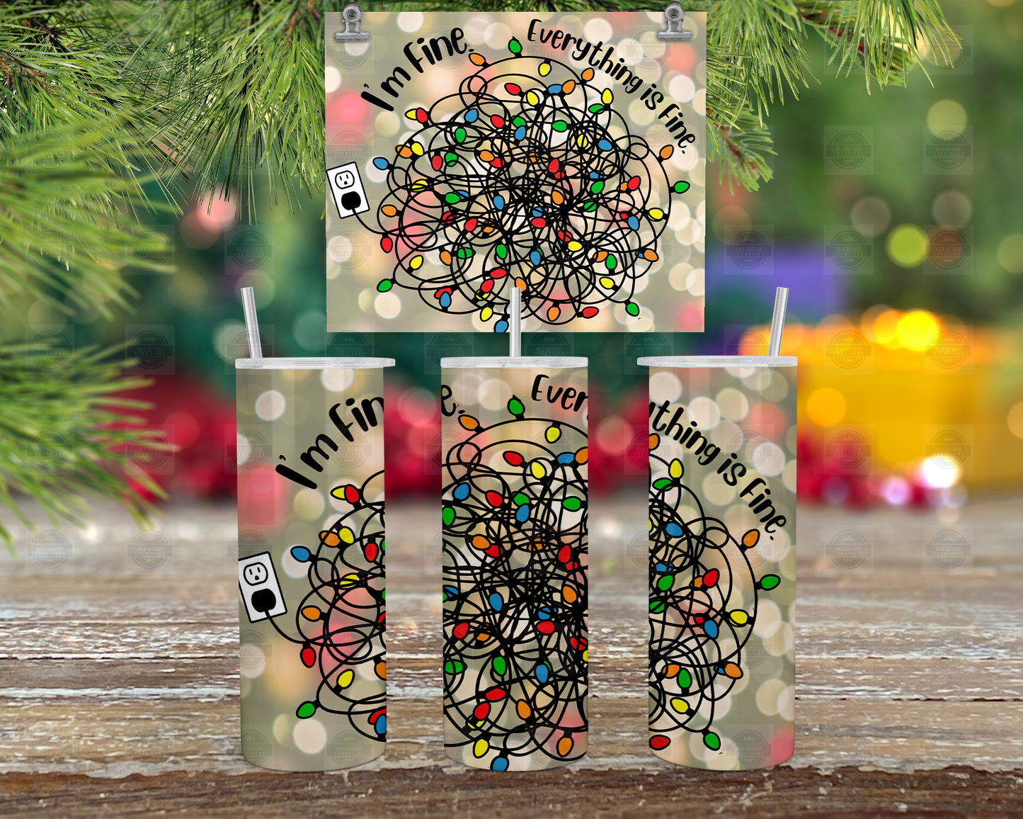 I'm Fine It's Fine Holiday Lights 20oz Christmas Tumbler with Straw and Lid, Travel Coffee Mug