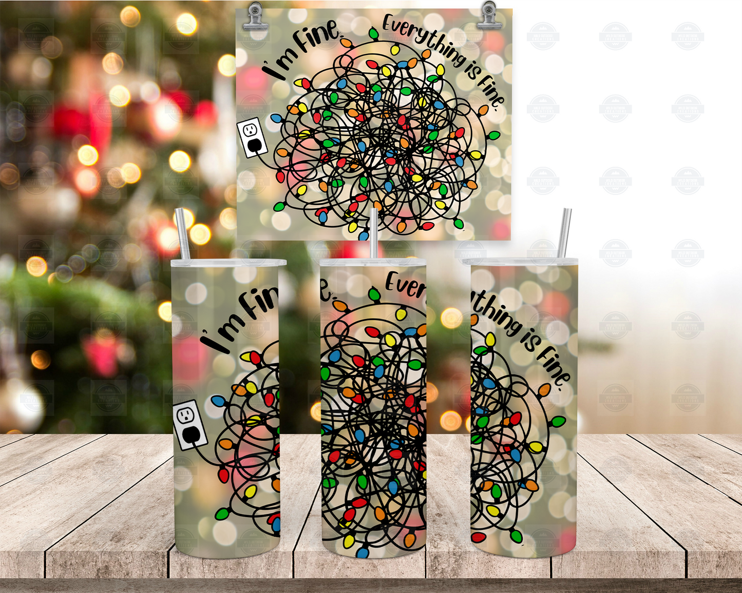 I'm Fine It's Fine Holiday Lights 20oz Christmas Tumbler with Straw and Lid, Travel Coffee Mug
