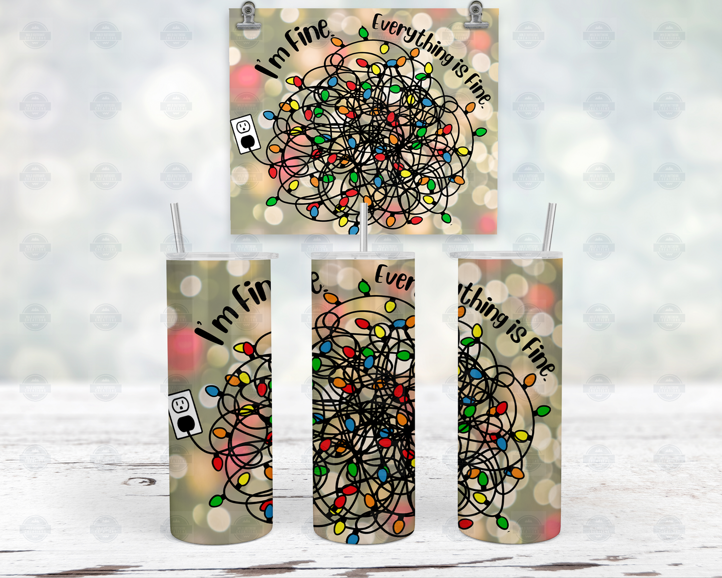 I'm Fine It's Fine Holiday Lights 20oz Christmas Tumbler with Straw and Lid, Travel Coffee Mug
