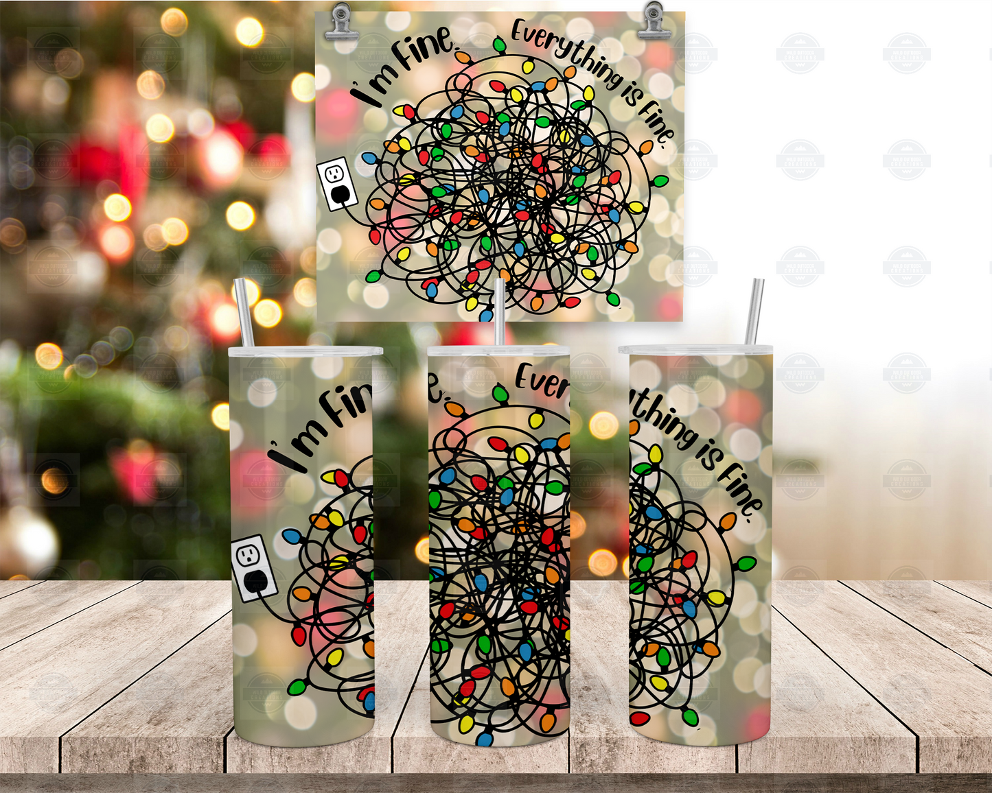 I'm Fine It's Fine Holiday Lights 20oz Christmas Tumbler with Straw and Lid, Travel Coffee Mug