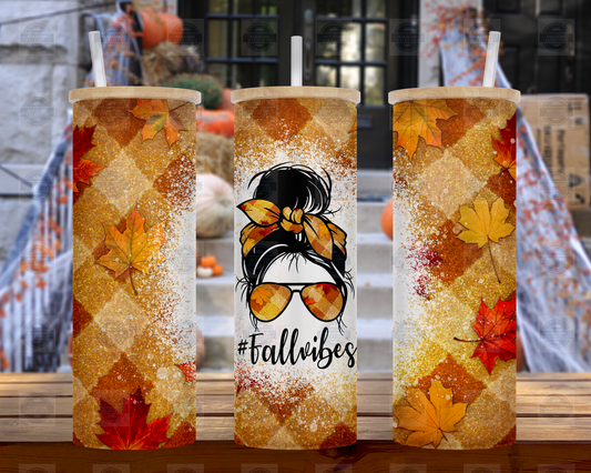 Fall Vibes Messy Bun 25oz Glass Tumbler Cup with Straw and Lid