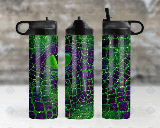 20oz Travel Water Bottle with Green and Purple Dragon Eye Design