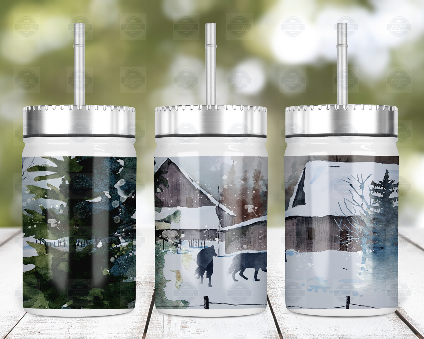 17oz Mason Jar with Straw Lid - Winter Wolf Design for Outdoor Fun and Hydration